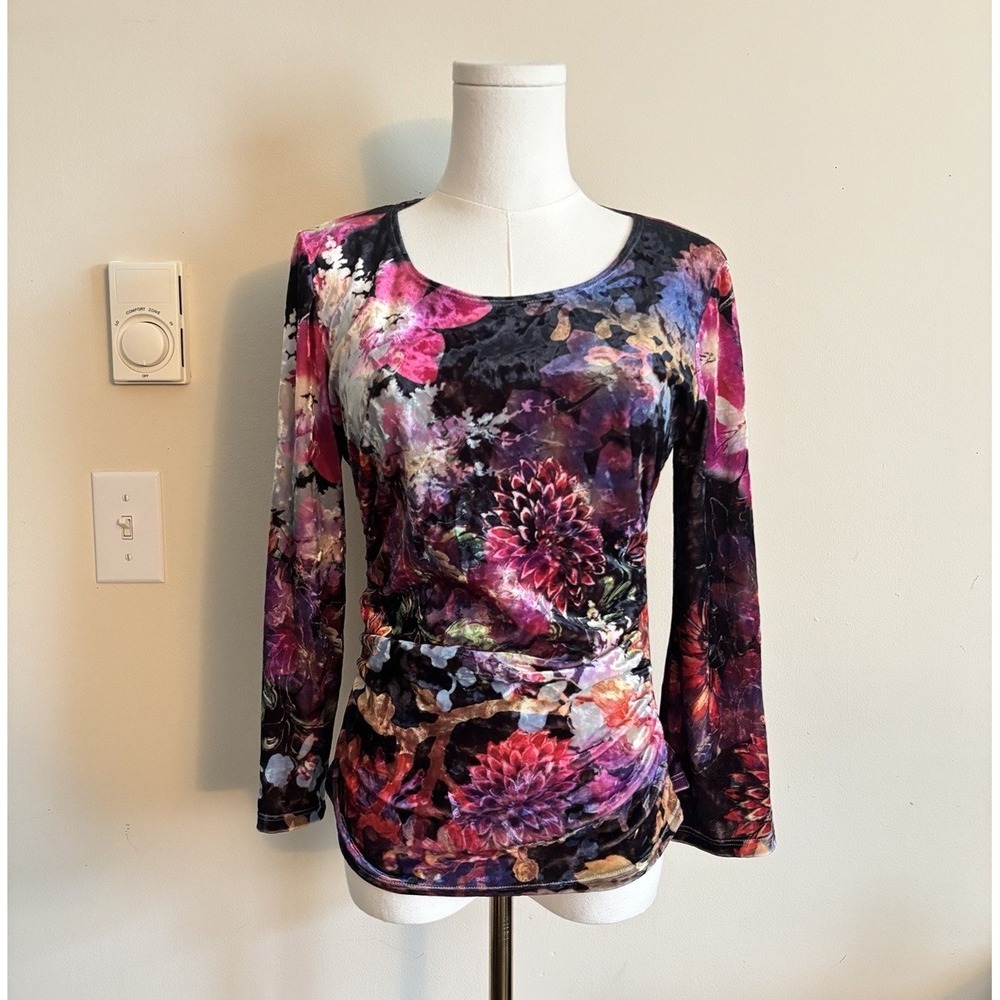 Vintage Y2K Boho Chic Velvet Floral Top Medium Rainbow Pink Soft Romantic Fairy